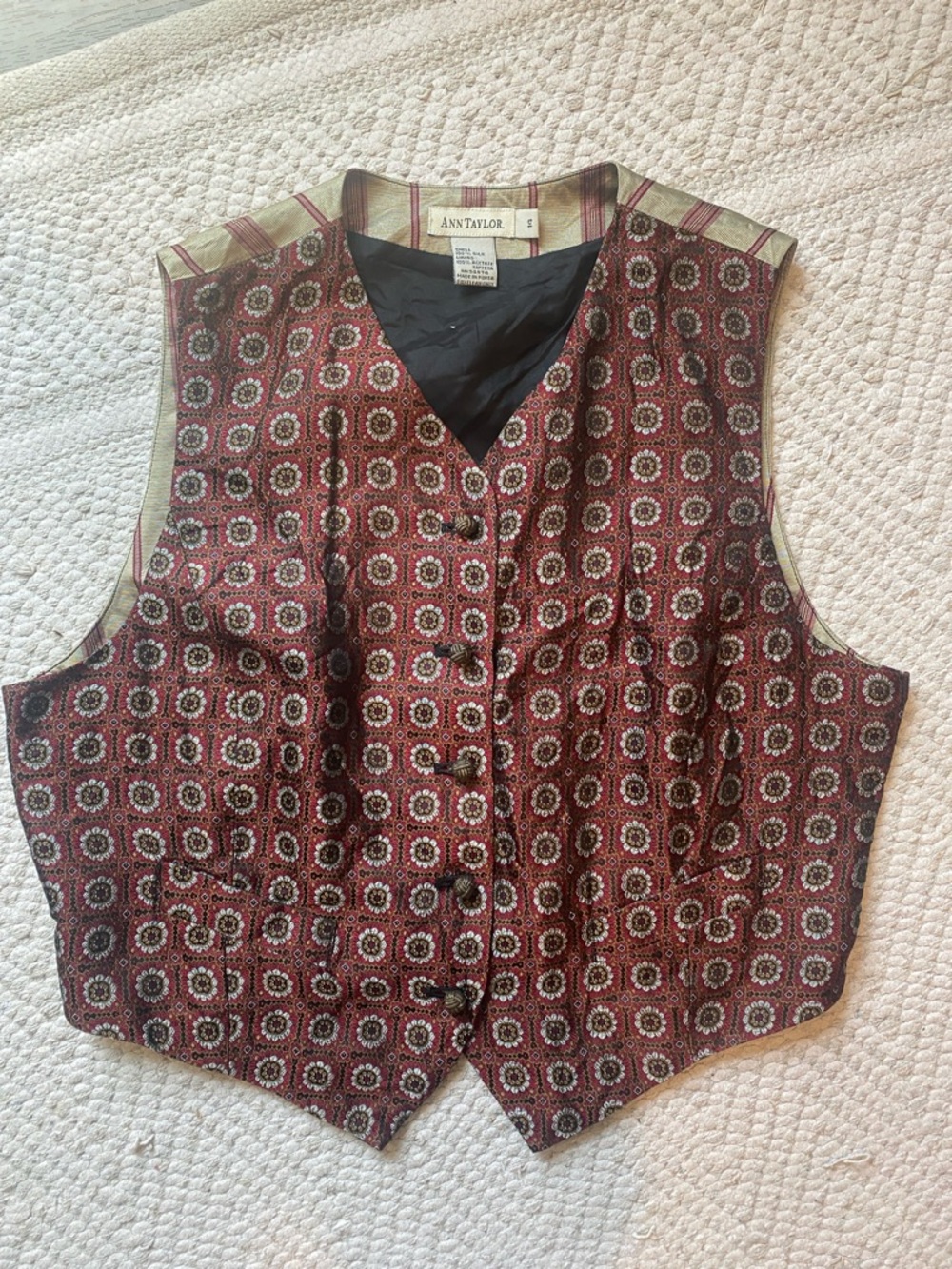 Ann Taylor Vintage Burgundy and Olive Geometric Floral Print Silk Button Vest